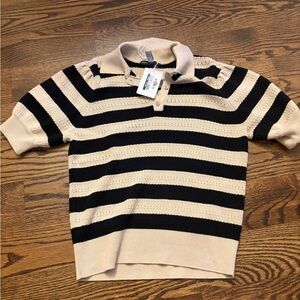 Autumn Cashmere Black and Cream Striped Short-Sleeve Polo Sweater